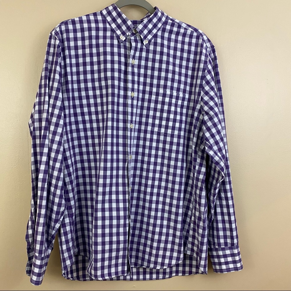 Men’s Tailored by J. crew, purple & white gingham, long sleeve, button down